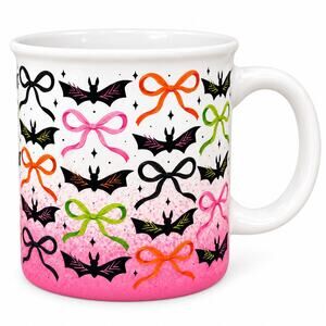 Black Hat Society Pink Bats Colorful Bows Halloween Ceramic Mug NWT